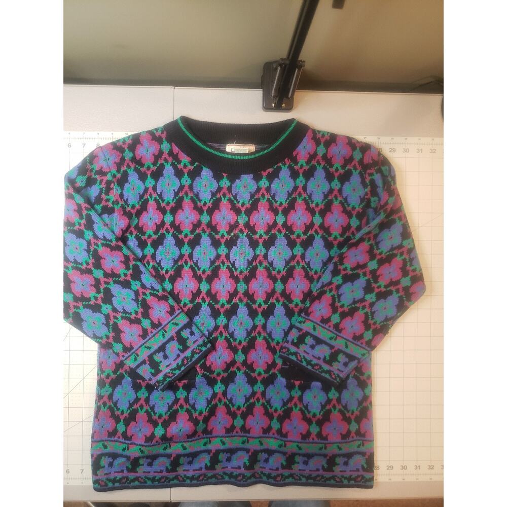 Vintage Rivy Sweater Womens Medium Multicolor Geometric Floral Acrylic Pocket
